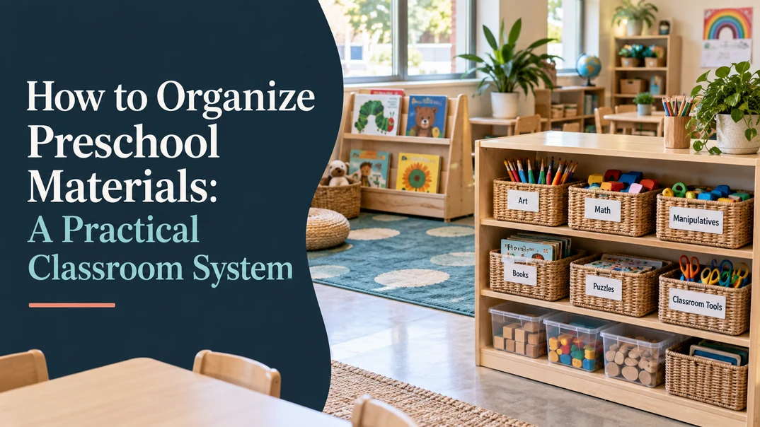 How to organize preschool materials with labeled classroom storage