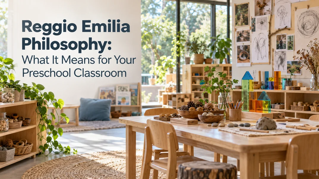 Reggio Emilia philosophy classroom with open-ended materials and documentation displays
