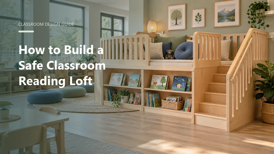 Classroom reading loft with a handrail, protective sides, front-facing bookshelves, and the title How to Build a Safe Classroom Reading Loft