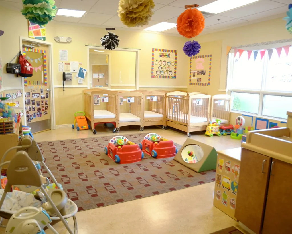 Daycare circle time area with colorful floor cushions