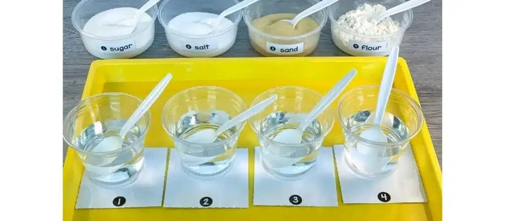 Gather different substances like salt, sugar, sand, and flour. Predict which substances will dissolve in water and which will not.