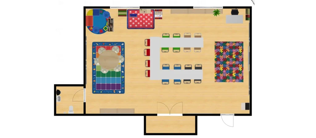 The image shows a layout of a toddler classroom. It includes a toilet, a circular rug with seating for circle time, a nap area with small beds, tables and chairs for activities, two colorful activity rugs, a teacher's desk, and various shelves and storage units for toys and books.