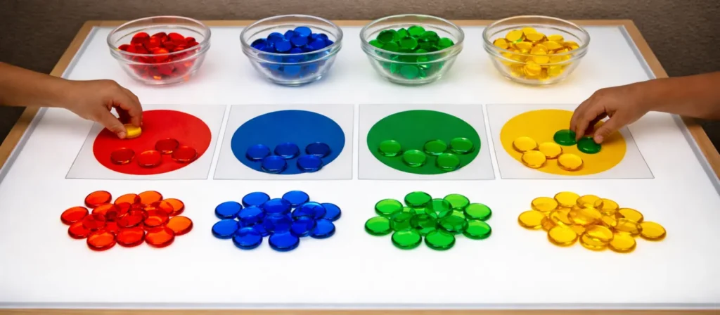 14 Popular Light Table Activities For Preschool 1 Light Table Activities Color Sorting With Transparent Counters