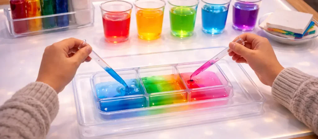 14 Popular Light Table Activities For Preschool 11 Light Table Colored Water And Droppers