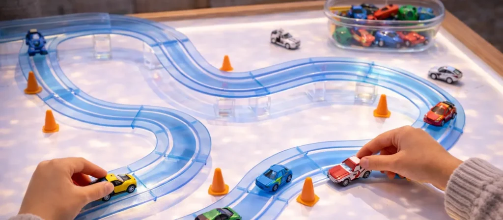14 Popular Light Table Activities For Preschool 13 Light Table Track Toy Activities