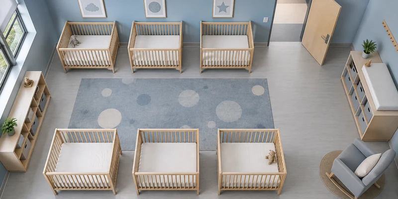 Daycare Cribs Buying Guide: How To Choose Safe, Practical Sleep Furniture 2 Daycare-Crib-Infant-Room-Layout