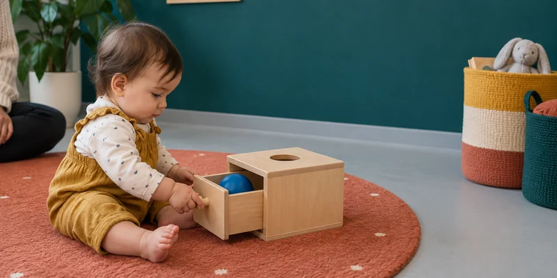 Object Permanence: What Babies Learn And How Montessori Activities Support It 3 Infant Pulling Open A Montessori Drawer Box On A Terracotta Mat In A Teal-Walled Classroom