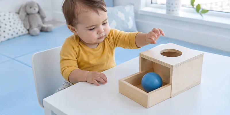 Object Permanence: What Babies Learn And How Montessori Activities Support It 2 Infant Using A Montessori Tray Box At A White Table In A Bright Blue-Toned Nursery