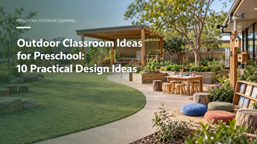 Outdoor classroom ideas for preschool with a shaded shelter, garden beds, art table, weather station, story corner, and movement area